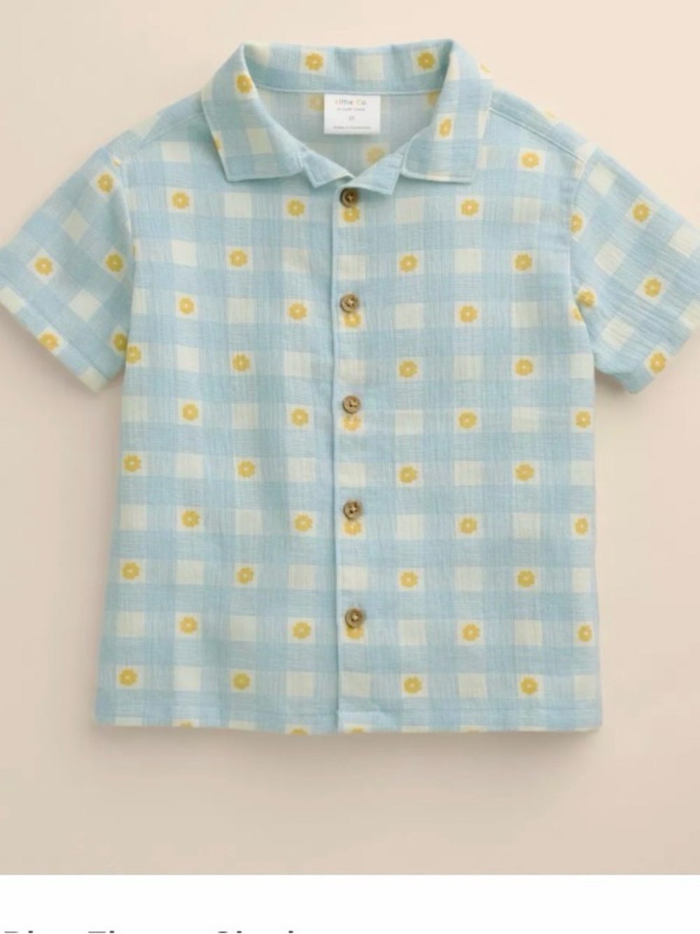 Little Co. Blue Gingham Boxy Button Up Baby Boys Shirt with Flowers 6mo 9mo NWT